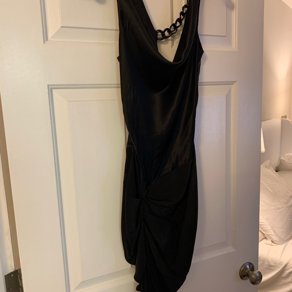 Black Halo One Shoulder Black Silk Mini Dress with Chain Detail